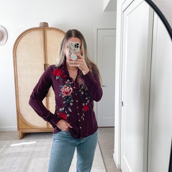 JOHNNY WAS Purple Floral Embroidered Long Sleeve Silk Top - Picture 11 of 12